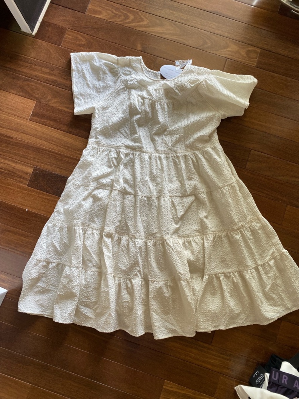 Textured Cream Midi Dress with Tiered Skirt
